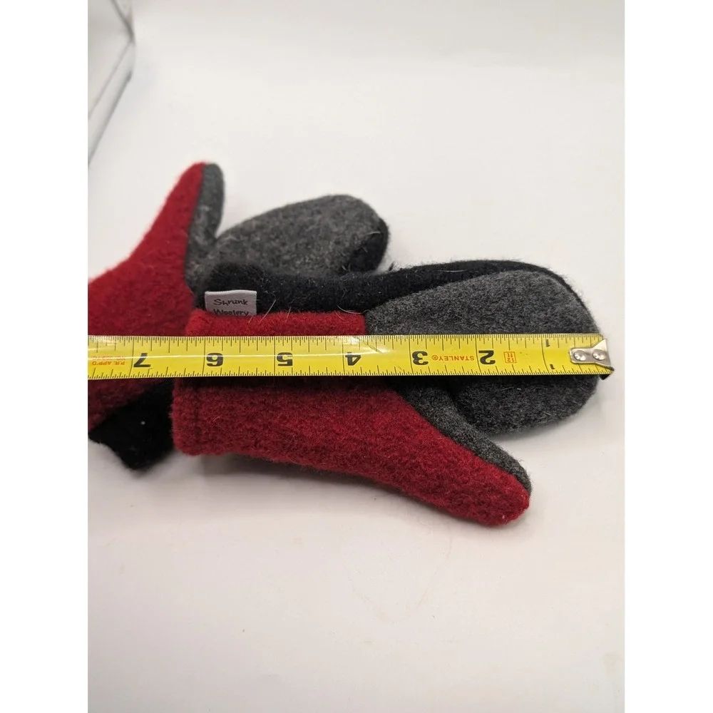 Shrunk Woolery Felted Wool Mittens Red Black Grey Colorblock Fleece Line Handmde